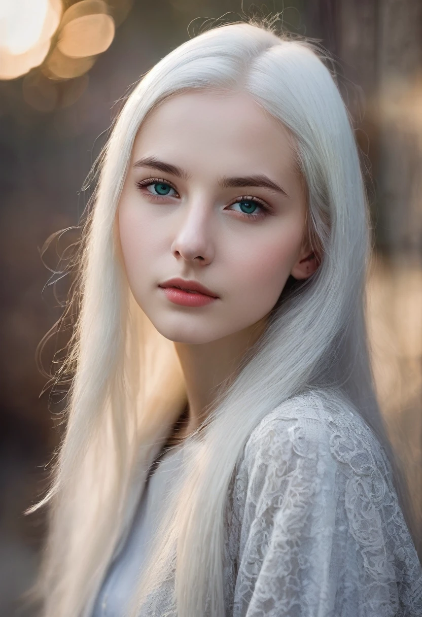 young girl(16 years). straight, White hair. thin, Noble features. Very white skin. grey eyes. thin белые брови. thin, Straight nose.