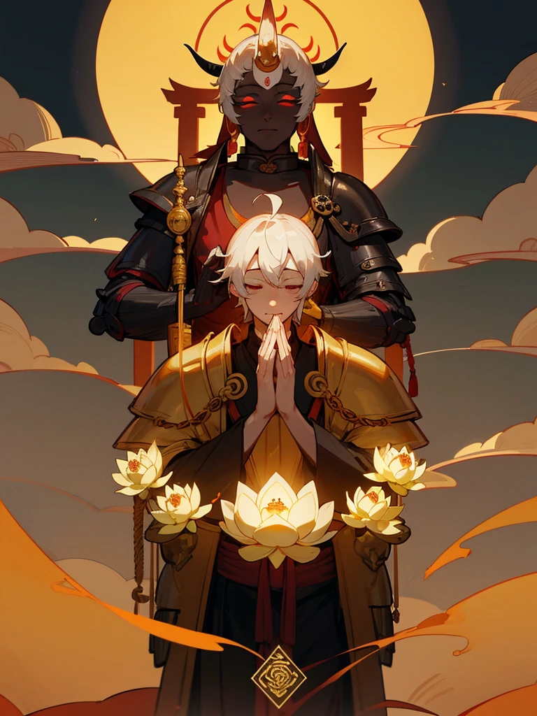 Kannon Bodhisattva,Burning Eyes, horn, white short hair, black armor, torii, man, full moon, hands together in prayer, Zen meditation Golden guardian dog iPhone Lotus flower field Paradise 機械
