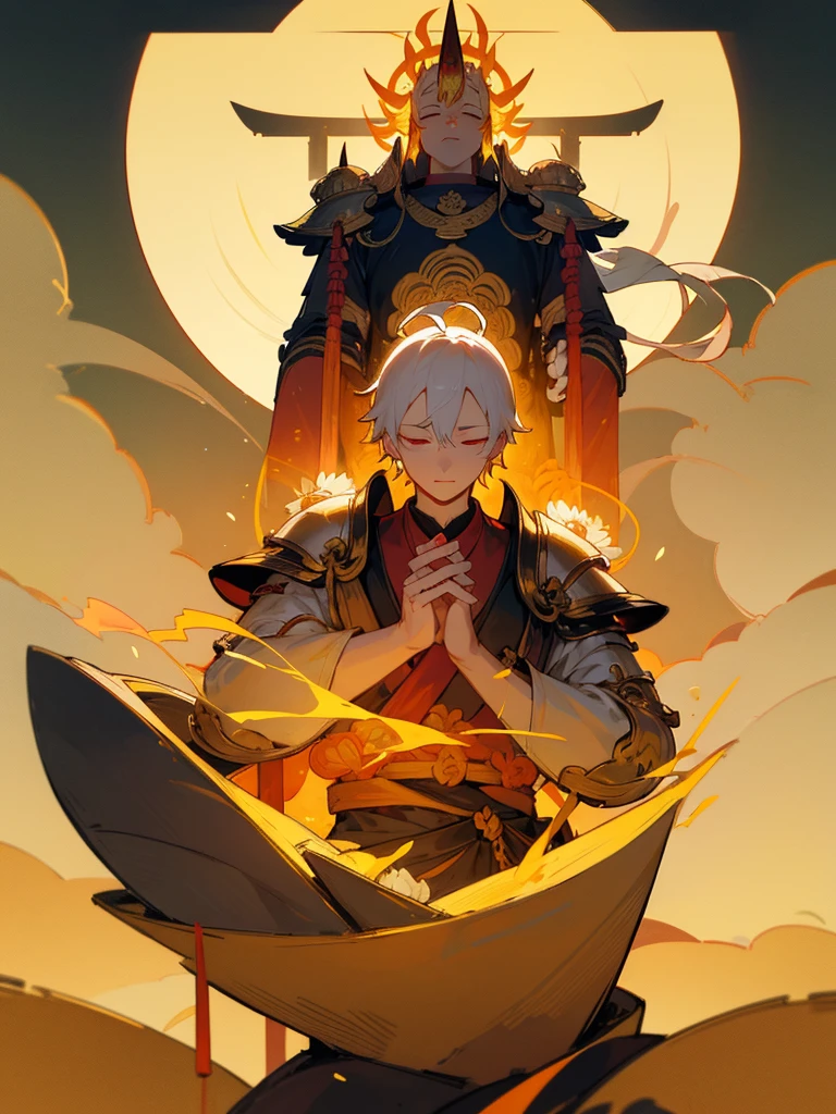 Kannon Bodhisattva,Burning Eyes, horn, white short hair, black armor, torii, man, full moon, hands together in prayer, Zen meditation Golden guardian dog iPhone Lotus flower field Paradise 機械
