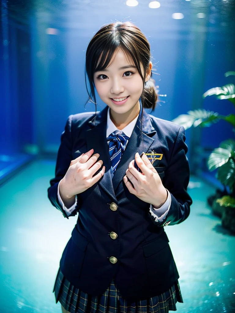 (****uthful eurasian lady, early 20s, at an Aquarium, (((full bodyesbian))), ((Girls' High School Uniforms)), short_bob_hair_ponytail, Dimples, Friendly & Kind smile, snaggle-tooth, realistic skin textures, healthy body proportion, hyper-realism, photorealistic, beautiful detailed eyes, high contrast, ultra HD, top image quality, fine details, very meticulously, masterpiece, the_cowboy_shot, bokeh background, Serene Ambiance, blue light, romantic atmosphere)