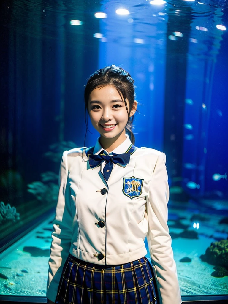 (****uthful eurasian lady, early 20s, at an Aquarium, (((full bodyesbian))), ((Girls' High School Uniforms)), short_bob_hair_ponytail, Dimples, Friendly & Kind smile, snaggle-tooth, realistic skin textures, healthy body proportion, hyper-realism, photorealistic, beautiful detailed eyes, high contrast, ultra HD, top image quality, fine details, very meticulously, masterpiece, the_cowboy_shot, bokeh background, Serene Ambiance, blue light, romantic atmosphere)