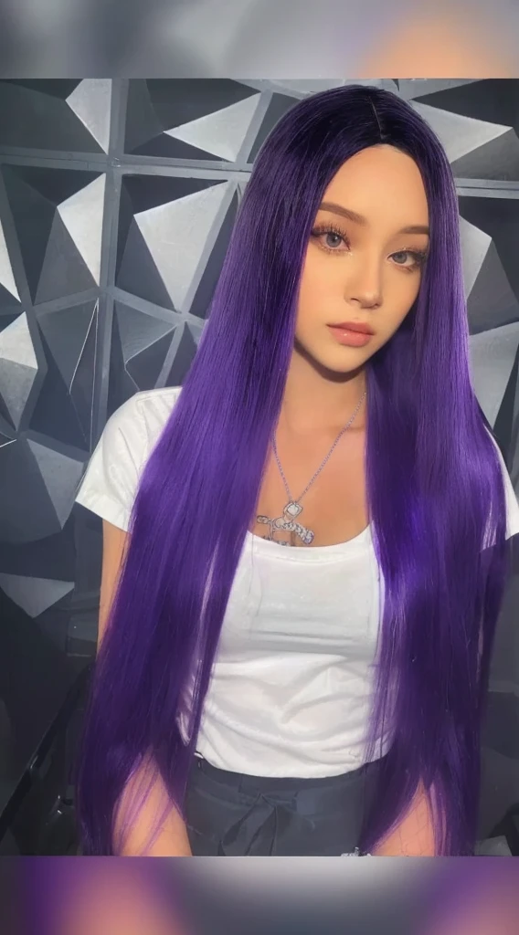 a woman with long purple hair wearing a white shirt, long purple hair, purple long hair, violet long hair, purple skin color, long violet hair, long dark purple hair, purple flowing hair, she has purple hair, purple head, straight hairstyle, flowing purple hair, dark purple skin, dark purple hair and cybernetics, purple color, violet color, purple hair