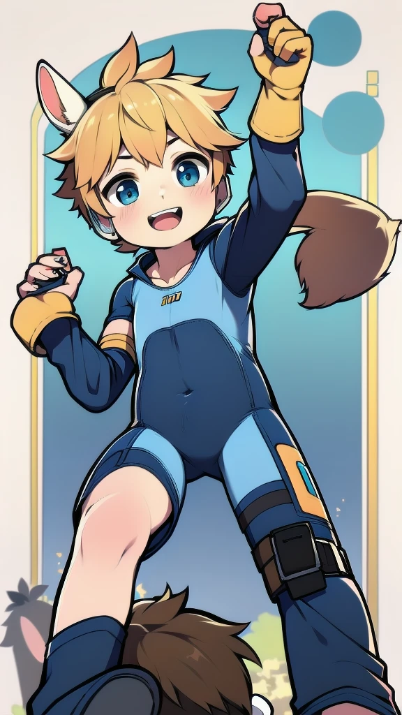 ((A young boy))，(Youthful feeling)，One-piece mountaineering suit，Goggles，Fingerless gloves，Cotton socks，Short sleeve，stand up，happy，Rabbit ears