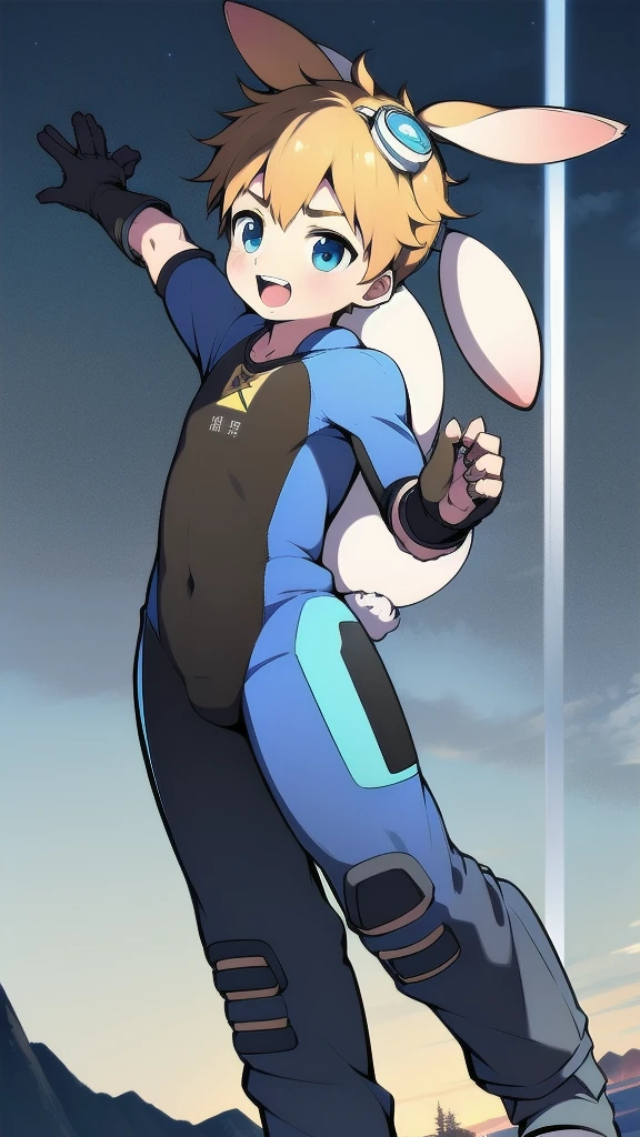 ((A boy)),(Youthful feeling),One-piece mountaineering suit,Goggles,Fingerless gloves,Cotton socks,Short sleeve,stand up,happy,Rabbit ears