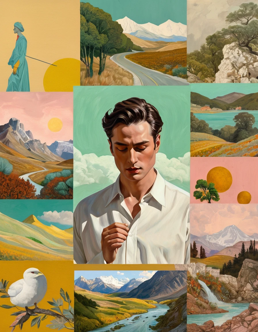 A Collage of oil painting illustrations of Man, classic art inspiration, nature elements, pastel tones, in the style of arr & emotions