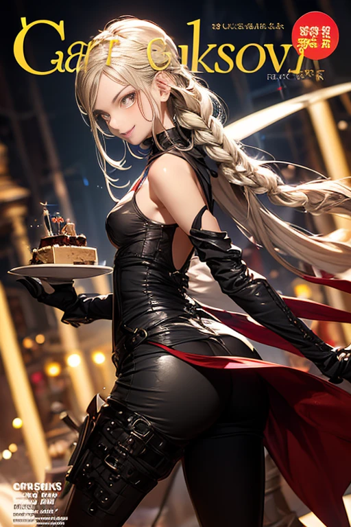 (small breasts:1.2), (perky chest:1.2), (pointed chest:1.2), (Pudding cake magazine cover:1.3),(from below:1.0),(shoot from the side:1.1),masterpiece, 1girl, Amazing Cleavage:1.1, thin waist, optimum,tmasterpiece,hight resolution,best qualtiy,hyper HD,super detailing,awardwinning,a 18yo cute girl,(The upper part of the body),??????? correct,Beautiful Black miniskirt,garters,Gaze,Small face,bangss,holster,Beautuful Women,hands up,leg holster,Gaze,black boots,Cowboy Shot,cute face,a blond,Longhaire,Twin-tailed,Braids, Hairline,（scarlet eyes）,long eyelasher,Hanging eye corners,White skin of the, ((see through camisole:1.1)), ((Sheer nipples:1.0)),Rocket Tits,(Slim body),smile,seductive weak smiling,(with sparkling eyes and a contagious smile),little open mouth, Looking at Viewer,
