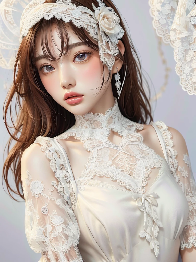 8k,Confused, High resolution, Very detailed, 1 girl, alone, Very beautiful eyes, Ultra-precise depiction, artistic、Very detailed depiction, (Tangled:1.2), , (White high key background:1.5), (((Lace dress:1.5))), See through、Off the shoulder、silk、 short、Platinum Blonde, (Glowing Skin), Many colors, , (Shooting from the air:1.2),、Flat Body、slim、cute、、Round face、Cast a Shadow、See through、
