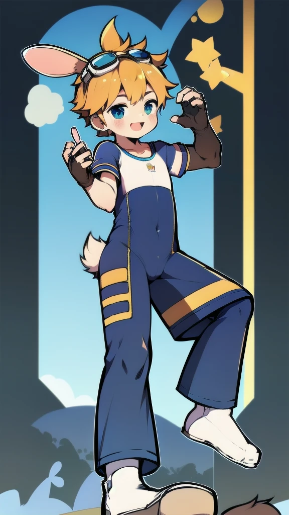 ((A boy)),(Youthful feeling),One-piece suit,Goggles,Fingerless gloves,Cotton socks,Short sleeve,stand up,happy,Rabbit ears