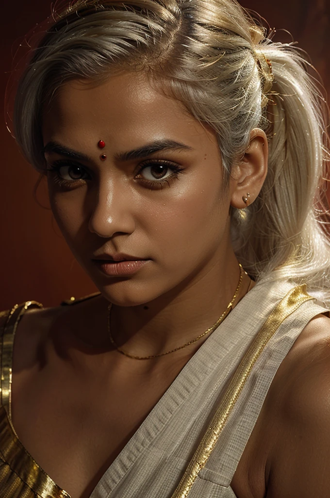 Masterpiece, high quality, HCNONE, pixel art, 1 indian girl, white hair, ponytail, red dress, simple gold color background, death stare, Eclipse background