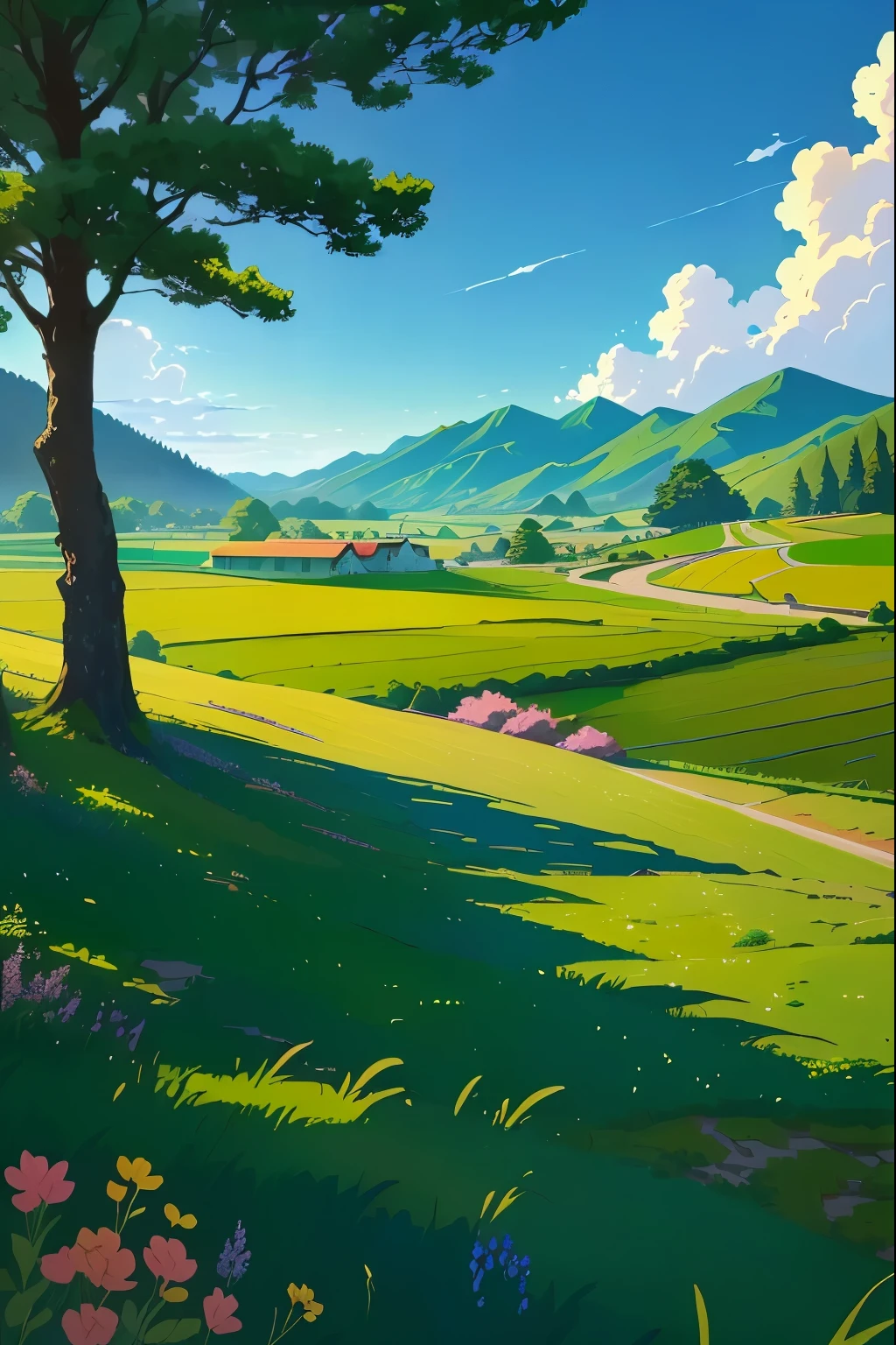 There is a painting，There is a green field in the painting，There is a tree and a road, anime Rural landscape, Landscape Artwork, Landscape Art Detail, Anime Landscape, Detailed scenery —width 672, landscape illustration, Anime Background Art, Rural, A beautiful artistic illustration, Anime Landscape概念艺术, Anime Landscape wallpaper, 美丽的Anime Landscape, Valle encantador, lush Rural, 4K Digital