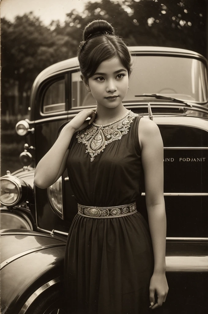 Arafed photo of a young Indonesian girl wearing a kebaya inspired by RA Kartini, kebaya photo, old sepia photography, beautiful young girl, vintage photography, kebaya photo. graceful and charming pose next to a limousine. number plate with text 'Aryy Dewix' antique photo of beautiful young girl cute young girl 18 years young young retro photo black and white 1910, vintage photography, antique photo, old photography, hair in a bun or bun, cute face,