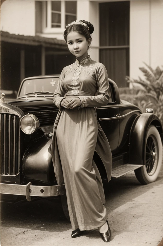 Arafed photo of a young Indonesian girl wearing a kebaya inspired by RA Kartini, kebaya photo, old sepia photography, beautiful young girl, vintage photography, kebaya photo. graceful and charming pose next to a limousine. number plate with text 'Aryy Dewix' antique photo of beautiful young girl cute young girl 18 years young young retro photo black and white 1910, vintage photography, antique photo, old photography, hair in a bun or bun, cute face,