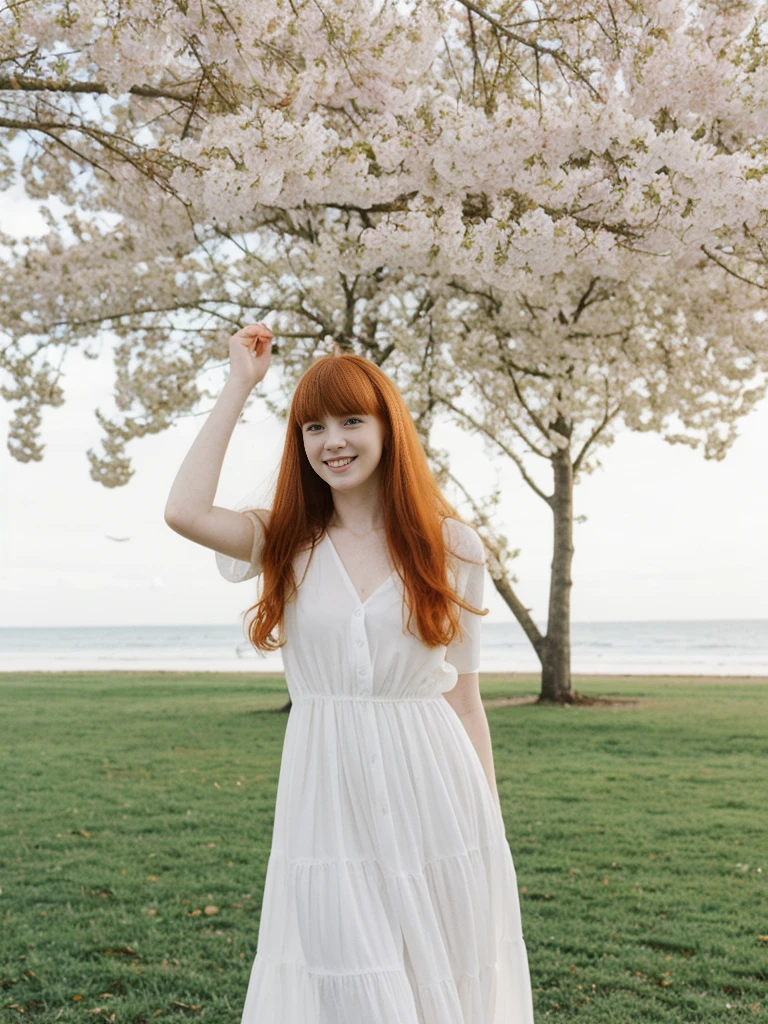 her name is Anna Maria Schmidt, high quality, ((white pale skin)), 1girl, ((20-year-old fit Caucasian woman)), ((20 years old)), ((fit)), ((ginger hair with bangs)), pose: standing, wearing stylish maxi dress, BACKGROUND: flowering trees for a fresh and vibrant look, ugly smiling, standing, loose waves