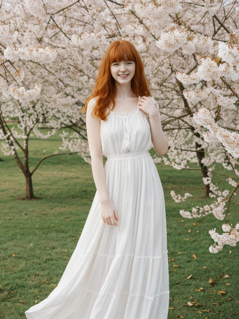 her name is Anna Maria Schmidt, high quality, ((white pale skin)), 1girl, ((20-year-old fit Caucasian woman)), ((20 years old)), ((fit)), ((ginger hair with bangs)), pose: standing, wearing stylish maxi dress, BACKGROUND: flowering trees for a fresh and vibrant look, ugly smiling, standing, loose waves