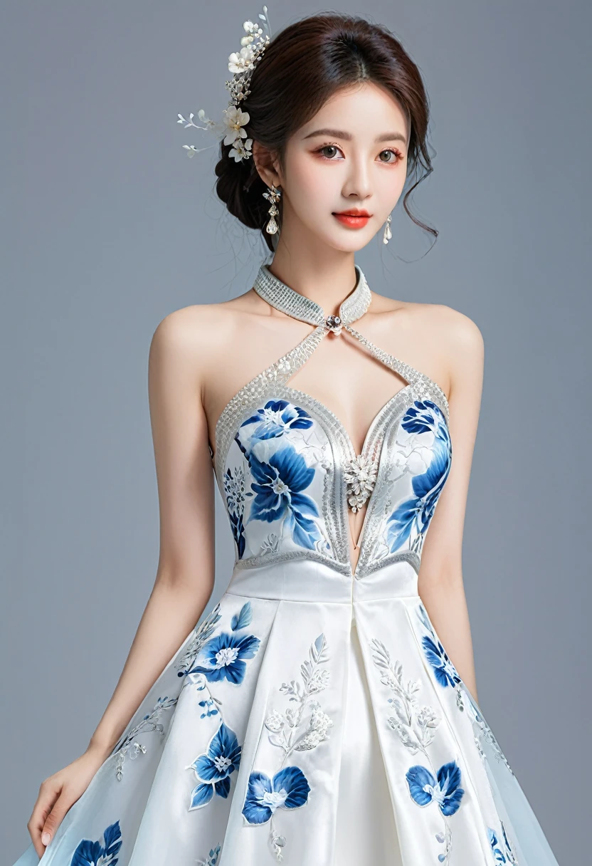 Realistic photo style, whole body 사진에 아름다운 아시아 소녀가 등장합니다., Wearing a unique ethnic style evening gown with delicate skin., bright and lively eyes, Thick eyelashes that look especially attractive. Long dresses are slim and elegant., Eye-catching silver jewelry and alcohol. The high-collar design adds an elegant atmosphere., Color of blue and white porcelain. using light and shadow, The vivid and harmonious appearance of the protagonist is highlighted... whole body, (masterpiece, best quality, professional, perfect composition, very aesthetic, absurd, very detailed, intricate details:1.3)