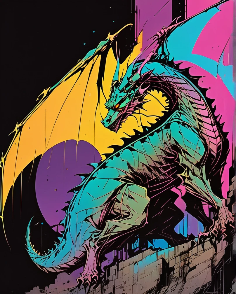 Art style by H. R. Giger, Art style by Luis Royo, Art style by Chris Foss, (Masterpiece, Top Quality, Super Detail, High Resolution, Best Illustration), Detailed illustration of the dragon villain Ridley from Metroid, intense and menacing, dark and ominous, glowing red eyes, imposing silhouette, sci-fi, detailed wings, menacing stance, sinister presence. Profound, surreal, realistic graphic novel illustration featuring {lean, dancer's anatomy, distinctive subject design, and evocative facial expressions.} Immaculate stylized illustration with bold, weighted inked outlines. Saturated, dark-centric coloring for both darkness and vivid colors. Unique color distortion with smooth blends, atmospheric darkness (Chiaroscuro and Sfumato), intense blacks, and underexposed look. Bold two-dimensional rendering with Golden-hour illumination. Triadic background colors and extended foreground colors in pink, green, yellow, orange, teal, and purple. Genre fusion: science fiction, retrofuturism, cosmic horror, and body horror. Masterpiece quality with master draughtsmanship. Refined linework, variation in line weight, and fine detailing. Maximalism in surrealistic sci-fi horror and vibrant heavy metal aesthetic. Loose, unconventional framing for dynamic, unique poses. Action-oriented scenes with storytelling emphasis. Clarity and sharp focus through filmic aesthetics. Hierarchy, positive shapes, and negative space meticulously considered. Pattern, rhythm, and unity for a captivating visual