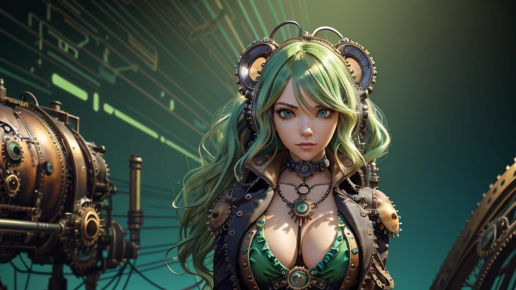 ((live 2D)) masterpiece, 1girl, upper body, steampunk swimsuit clothes, looking at viewer, detailed face, girl with green wavy hair, bangs, metal sheep horns, gradient hair, multicolored hair, light green hair, turquoise hair tips, wavy hair, gradient eyes, orange eyes, (simple background, steampunk background: 1.3), hands on hips