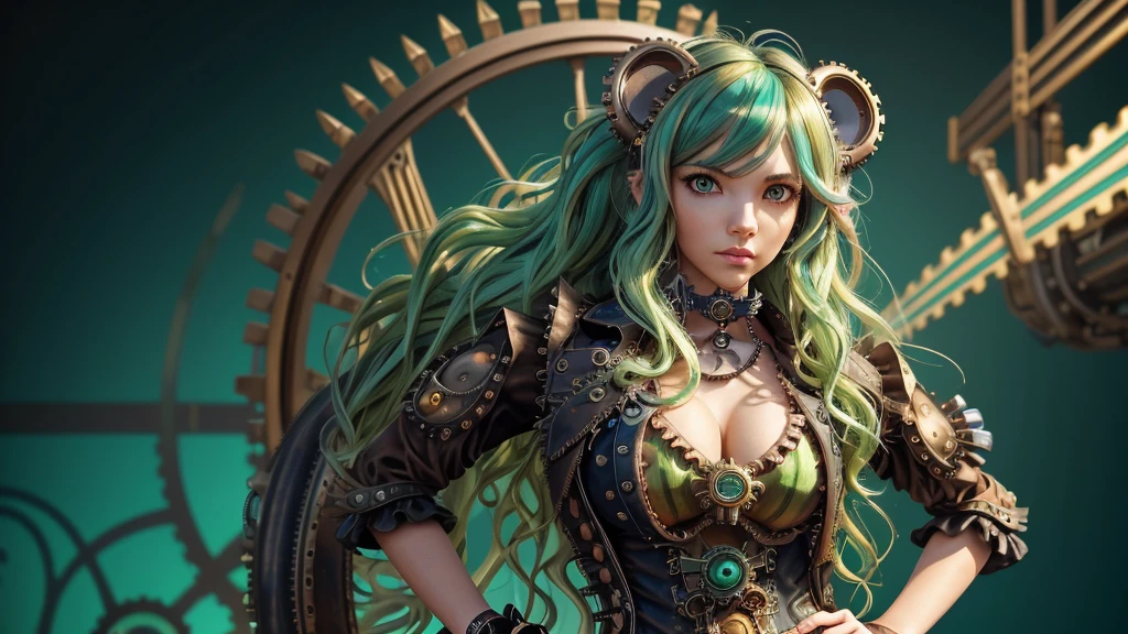 ((live 2D))  masterpiece, 1girl, upper body, steampunk swimsuit clothes, looking at viewer, detailed face, girl with green wavy hair, bangs, metal sheep horns, gradient hair, multicolored hair, light green hair, turquoise hair tips, wavy hair, gradient eyes, orange eyes, (simple background, steampunk background: 1.3), hands on hips