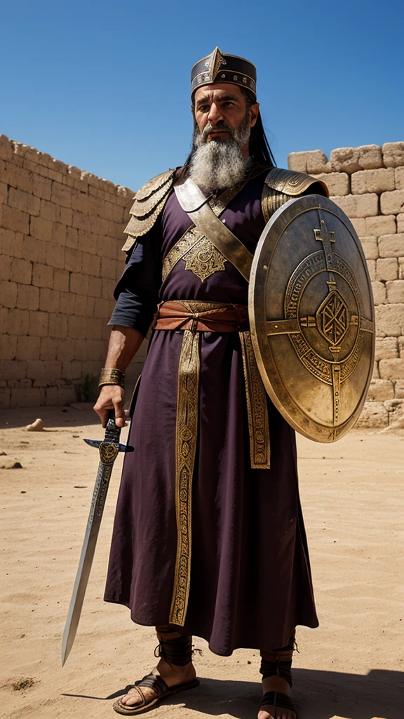 An ancient Hebrew warrior with historical garments, a shield, and a sword, looking straight at the viewer.