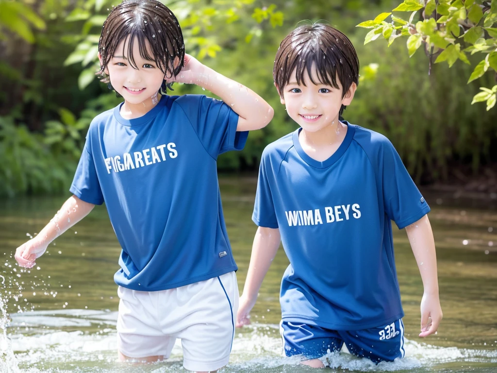 In the forest、Children in the countryside、Swimming in the river、Bathing in water、水でGet wet all over、Cute elementary school boy、１０Year old boy、Boy in gym clothes、The bottom of the white T-shirt is blue、Blue shorts、The boys are playing、Get wet all over、Noisy boys、Splashing Water、Japanese、（Boy 1.4）、high resolution、Highest quality