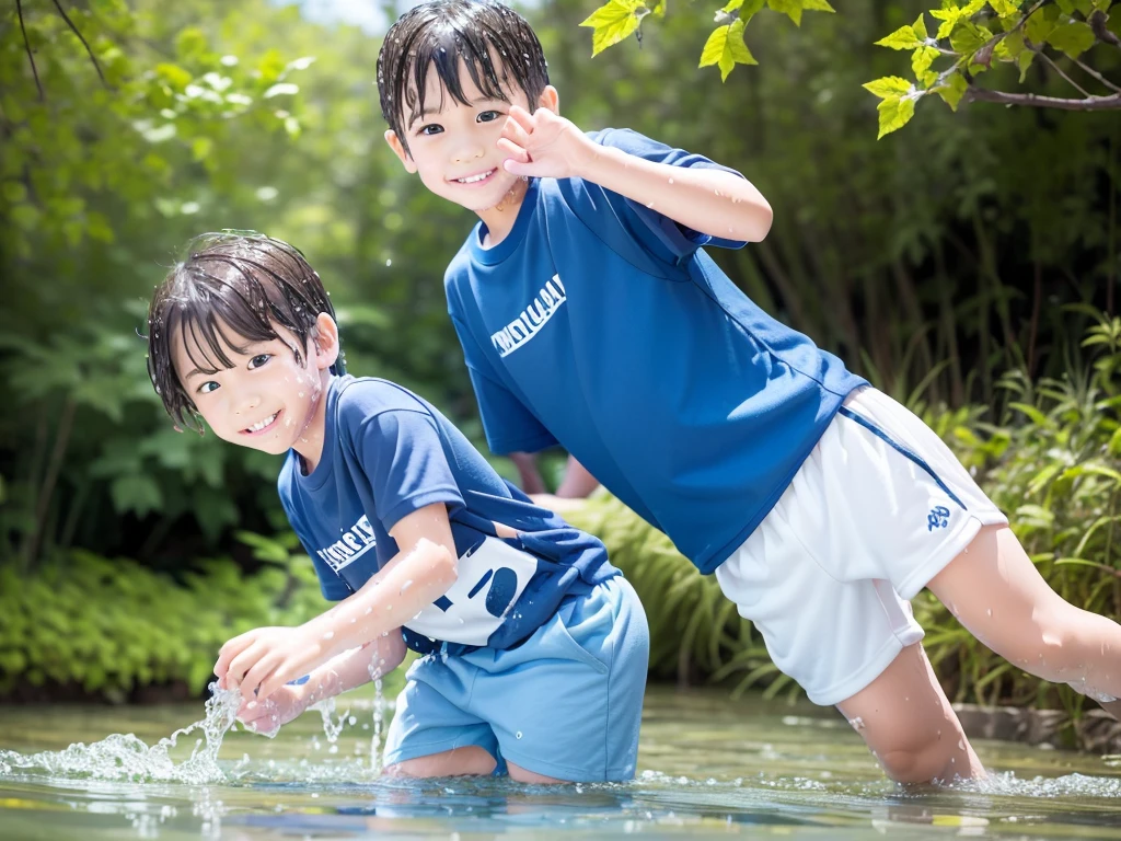 In the forest、Children in the countryside、Swimming in the river、Bathing in water、水でGet wet all over、Cute elementary school boy、10Year old boy、Boy in gym clothes、The bottom of the white T-shirt is blue、Blue shorts、The boys are playing、Get wet all over、Noisy boys、Splashing Water、Japanese、(Boy 1.4)、high resolution、Highest quality