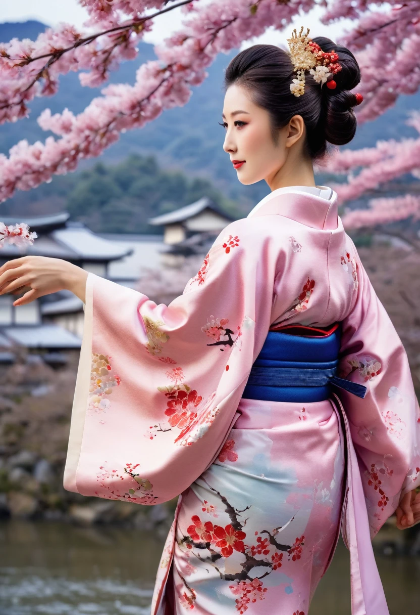 (Cherry blossom :1.5), (ink and watercolor painting:1.5), (Tasteful:1.5), (ink and watercolor painting:1.5), (full color:1.5), 8k, 4k, (landscapes:1.5),(cherry blossom trees:1.5),(wind:1.5),(flying cherry blossom petals:1.5),(kyoto:1.5),(pink theme:1.5),mount fuji in background, 1girl, RAW photo, ultra high resolution, A darK-haired, Smile, Bright pupils Fujicolor, Image Fill, viewfinder, Eye-Level Shot, 8k, Super Detail, uhd, retina, masterpiece, Anatomically correct, Textured skin, kimono, silk fabric, japanese, Japanese clothes, (Wisteria floral pattern), Silk, Japan hair, Trailing hair, Japan beauties, BIG ASS, (wonderful proportions:1.8), (10 head body:1.8), Slim body, thin-waist, (Smart Standing), (Dignified atmosphere), Sense of cleanliness, (Full of elegance), Historical, heroine, refreshing, Edo style, Downtown Atmosphere, Edo-kko, Yoshiwara Geisha, Oiran, oiran, Countries, Juunihitoe, Premium kimono, amorous, Glossy appearance, (Long and beautiful legs:1.6), beautiful legs, (beautiful leg lines), (made in Japan:1.4), Genroku culture, beauty in return, sexy nape,