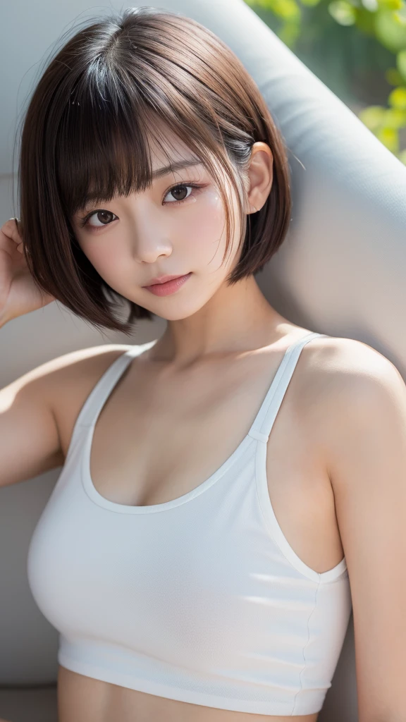 There is a woman with short hair wearing a white tank top., Short Hair, Chiho, Yoshitomo Nara, 8k , Hime cut, Ayaka, With a cute - lovely - face, 白Hime cutヘアスタイル, Girl cute beautiful face, Dilraba Dilmurat, Young and pretty Asian face, full body, lie face down/lie on one’s stomach