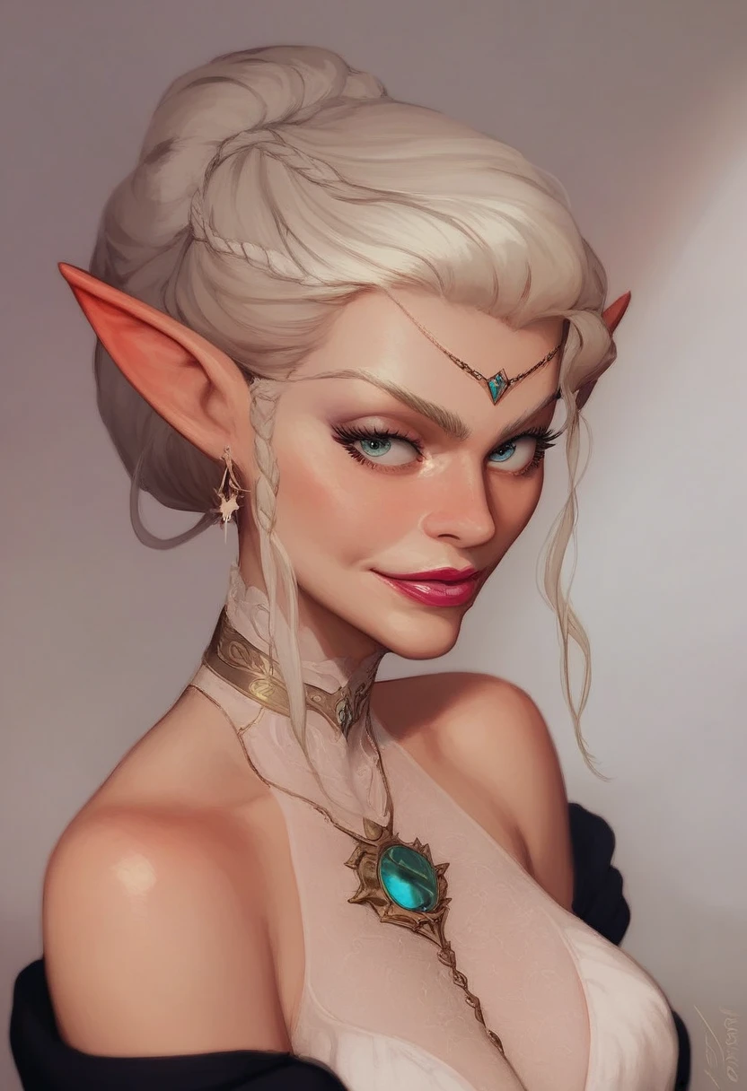 ((masterpiece, best quality)), 1 female elf smirks, detailed face, lipstick, upper body: bare shoulders, skinny