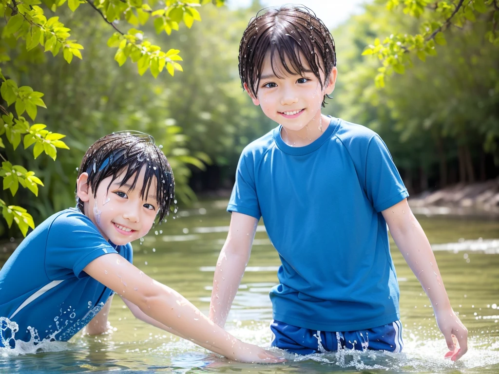 In the forest、 in the countryside、Swimming in the river、Bathing in water、水でGet wet all over、Cute eletary boy、Boy in gym clothes、The bottom of the white T-shirt is blue、Blue shorts、The boys are playing、Get wet all over、Noisy boys、Splashing Water、Japanese、(Boy 1.4)、high resolution、Highest quality