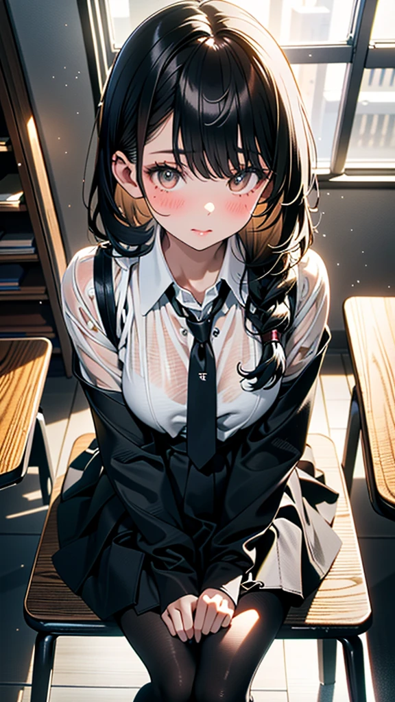 (8k, RAW Photos, 最high quality, masterpiece:1.2), high qualityのRAWカラー写真, Professional photo shoot, Cinematic Light, alone, (((young woman, Gal))), (Sharp features), (Small face), (Skin with attention to detail:1.2), clavicle, Cute Face, Beautiful appearance, Long eyelashes,Embarrassed, (Black Hair, Tied Hair), ((School teacher)), Black heels,,Embarrassed, Artistic painting,Attractive thighs, (Very nice touch:1.2),A shy smile), Peaceful atmosphere, Oil painting style, Bright colors, (Are standing:1.5, In a school classroom, Full body portrait), Smooth texture, Gazing Eyes, Beautiful Skin, Glowing Skin, ((Perfect Fingers, Five Fingers, Anatomically correct)), Background Blur, high quality, Surreal, ((Very detailed, photo shoot)),Many people々、blush、Plump、White tight shirt、School classroom、Black tight-fitting bodycon skirt、Full Body Shot、Black Pantyhose、Surrounded by students at school、Sitting at the Teaching Table