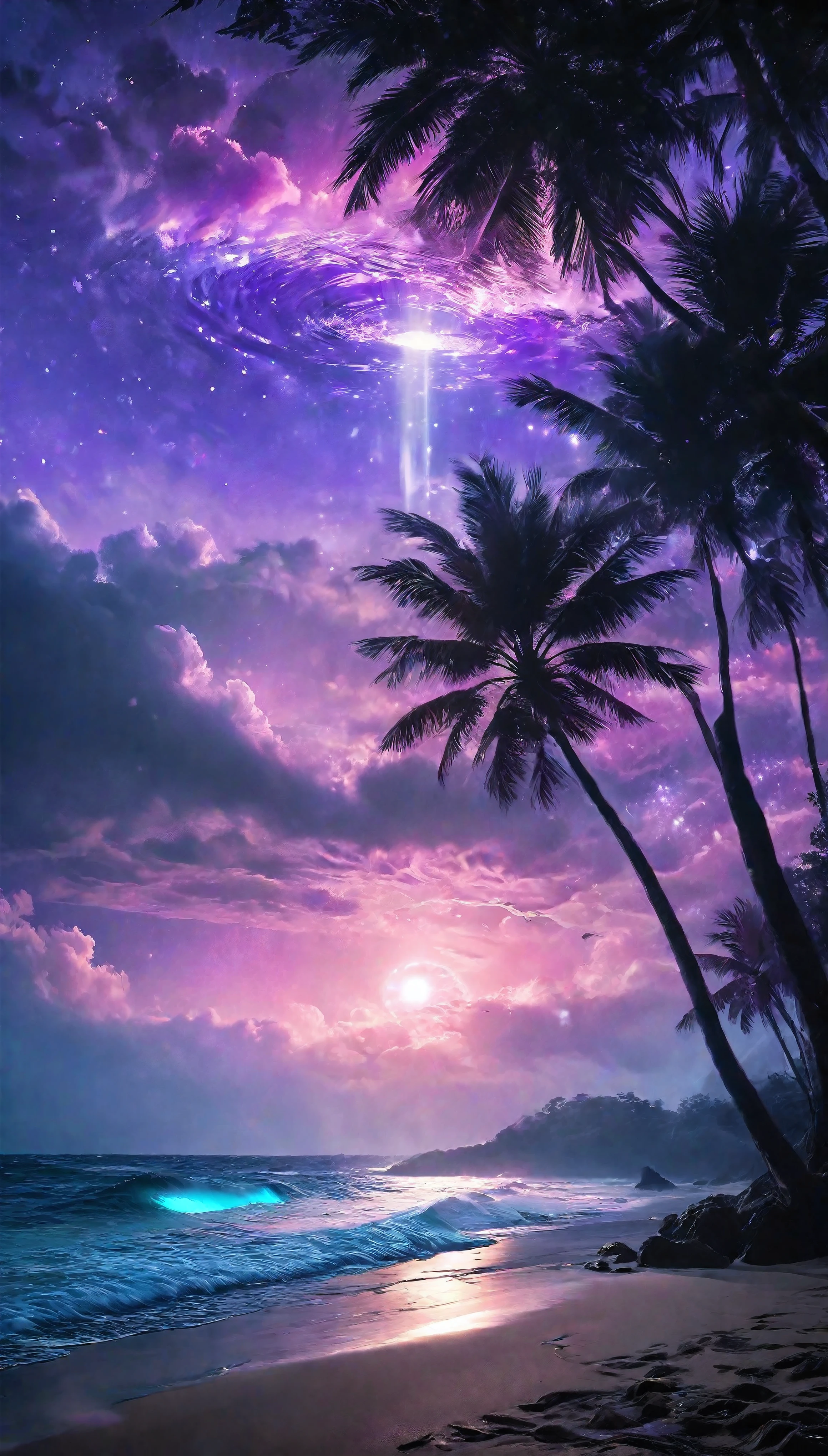 ((Masterpiece in maximum 16K resolution):1.6),((soft_color_photograpy:)1.5), ((Ultra-Detailed):1.4),((Movie-like still images and dynamic angles):1.3). | ((a mysterious island beach during purple moonlight, breathtaking reflection on the water):1.2), ((majestic night, cinematic lighting, dramatic sky, serene ocean, vibrant colors, purple moonlight):1.2), (fish eye lens), (focus on the island), (mysterious haze), (nature photography style), (visual experience),(Realism), (Realistic),award-winning graphics, dark shot, film grain, extremely detailed, Digital Art, rtx, Unreal Engine, scene concept anti glare effect, All captured with sharp focus. | Rendered in ultra-high definition with UHD and retina quality, this masterpiece ensures anatomical correctness and textured skin with super detail. With a focus on high quality and accuracy, this award-winning portrayal captures every nuance in stunning 16k resolution, immersing viewers in its lifelike depiction. | ((perfect_composition, perfect_design, perfect_layout, perfect_detail, ultra_detailed)), ((enhance_all, fix_everything)), More Detail, Enhance.