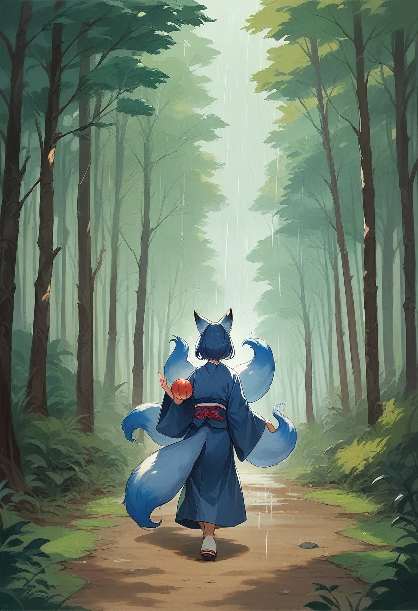 Masterpiece, Extremely detailed, Photo, A beautiful kitsune woman walking in a rainy forest holding a small ball of blue fire, fox ears, nine fox tails, traditional Japanese clothing.