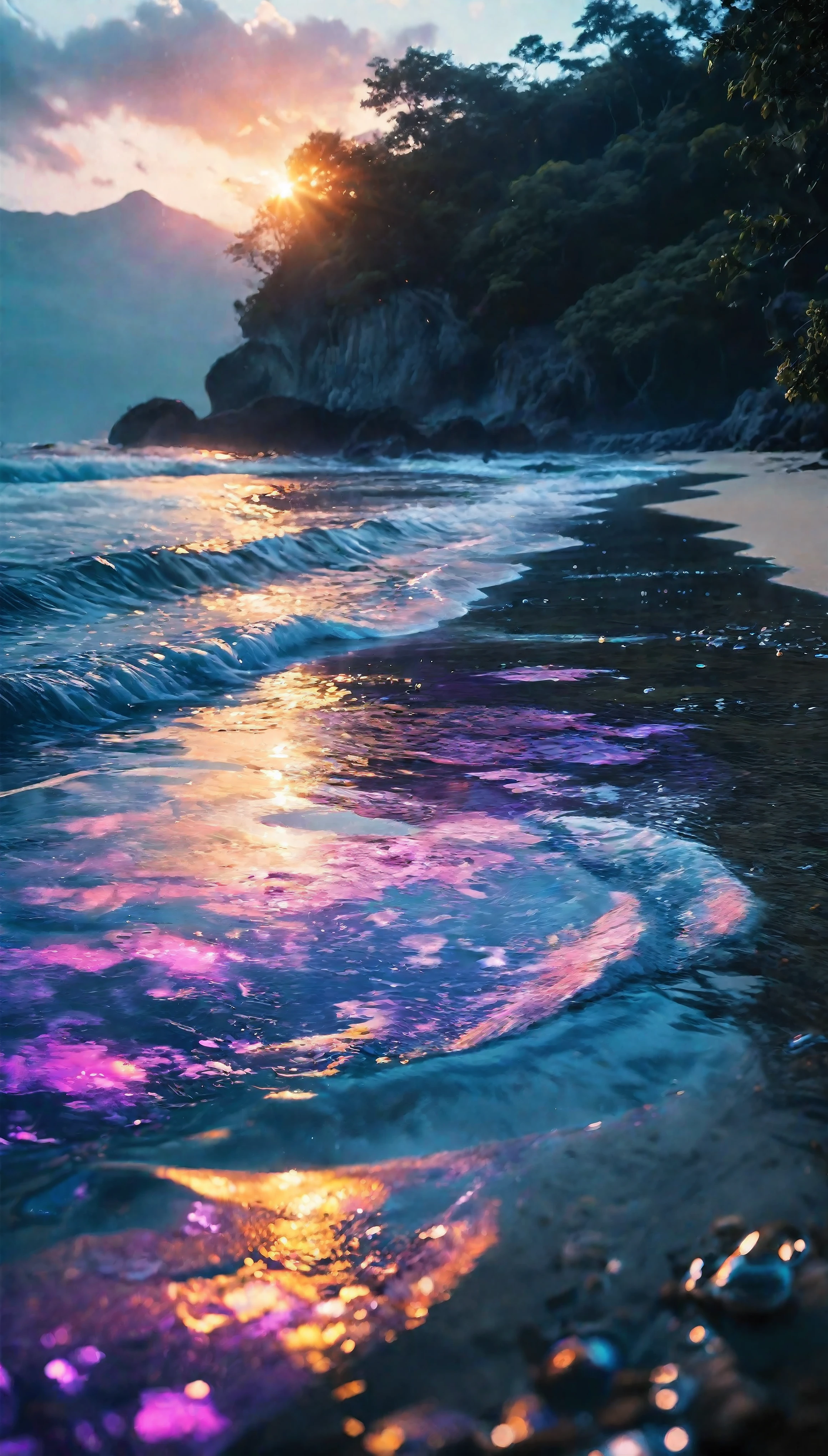 ((Masterpiece in maximum 16K resolution):1.6),((soft_color_photograpy:)1.5), ((Ultra-Detailed):1.4),((Movie-like still images and dynamic angles):1.3). | ((a mysterious island beach during purple moonlight, breathtaking reflection on the water):1.2), ((majestic night, cinematic lighting, dramatic sky, serene ocean, vibrant colors, purple moonlight):1.2), (fish eye lens), (focus on the island), (mysterious haze), (nature photography style), (visual experience),(Realism), (Realistic),award-winning graphics, dark shot, film grain, extremely detailed, Digital Art, rtx, Unreal Engine, scene concept anti glare effect, All captured with sharp focus. | Rendered in ultra-high definition with UHD and retina quality, this masterpiece ensures anatomical correctness and textured skin with super detail. With a focus on high quality and accuracy, this award-winning portrayal captures every nuance in stunning 16k resolution, immersing viewers in its lifelike depiction. | ((perfect_composition, perfect_design, perfect_layout, perfect_detail, ultra_detailed)), ((enhance_all, fix_everything)), More Detail, Enhance.