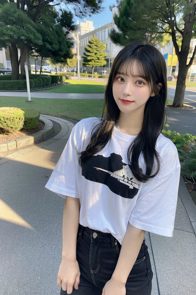 A black hair girl, japanese, t shirt and jeans, outdoor, tokoyo