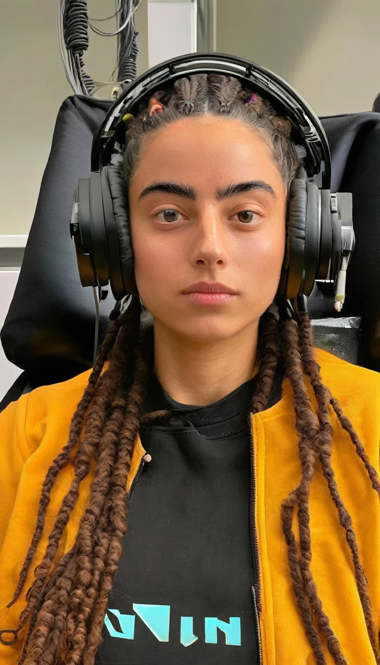 noa kirel face focus, Undisguised head electrodes, Fuzzy soft sweatshirt and clothing, Noa is sitting in a medical-looking chair with her head connected to multiple electrodes undergoing procedure similar to a noninvasive lobotomy. She wears a extremely comforting soft fuzzy sweatshirt and she obviously feels the tingling sensation from the electrodes as she undergoes the procedure, she is visibly drooling mindlessly
dreadlocks, anime, beautiful,
masterpiece, beautiful, young, professional, photo, high quality, highres