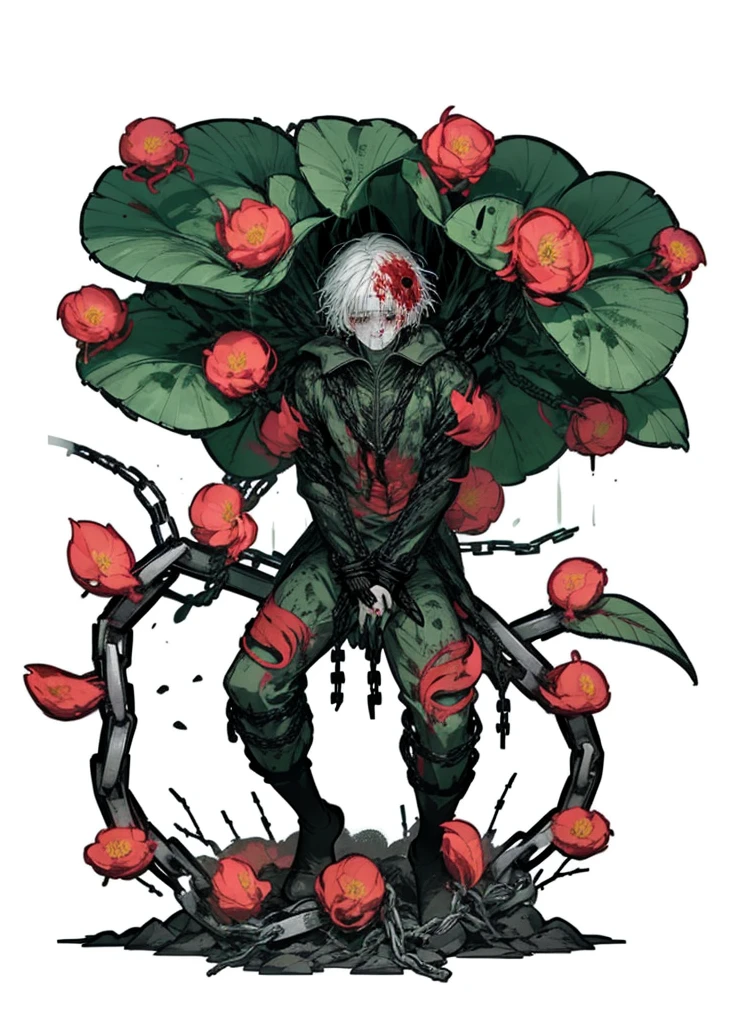 1boy,mutant flower, White hair, blood tears, dark circles under eyes, cursed,(blood cover, chains), scar cover, (high resolution, high detail, best quality), pain, scream