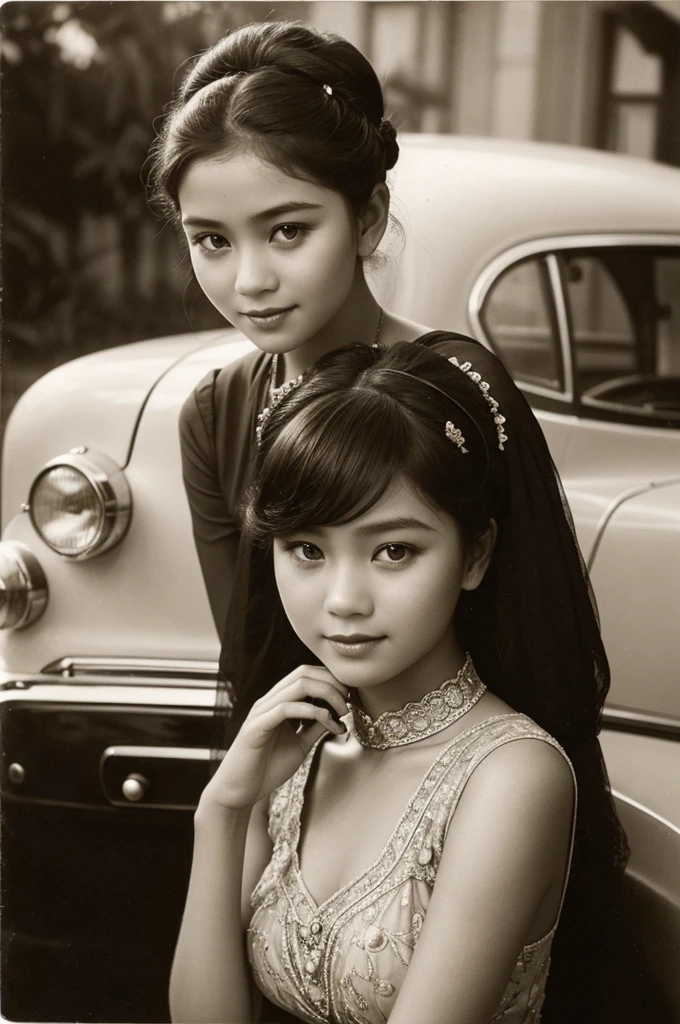 Arafed photo of a young Indonesian girl wearing a kebaya inspired by RA Kartini, kebaya photo, old sepia photography, beautiful young girl, vintage photography, kebaya photo. graceful and charming pose next to a limousine. number plate with text 'Aryy Dewix' antique photo of beautiful young girl cute young girl 18 years young young retro photo black and white 1910, vintage photography, antique photo, old photography, hair in a bun or bun, cute face,