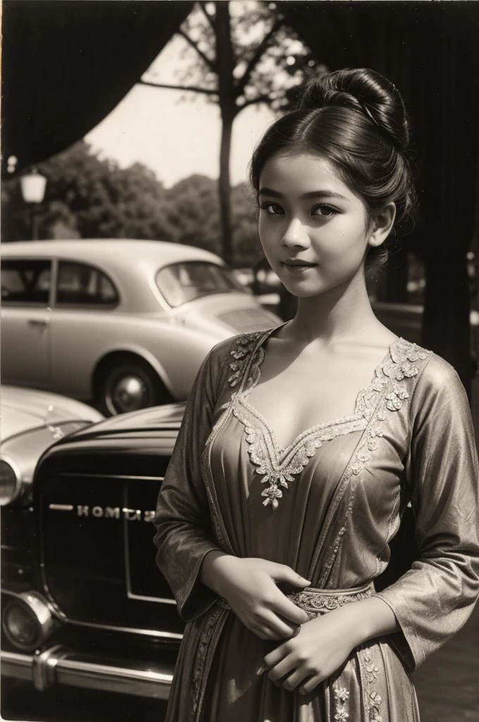 Arafed photo of a young Indonesian girl wearing a kebaya inspired by RA Kartini, kebaya photo, old sepia photography, beautiful young girl, vintage photography, kebaya photo. graceful and charming pose next to a limousine. number plate with text 'Aryy Dewix' antique photo of beautiful young girl cute young girl 18 years young young retro photo black and white 1910, vintage photography, antique photo, old photography, hair in a bun or bun, cute face,