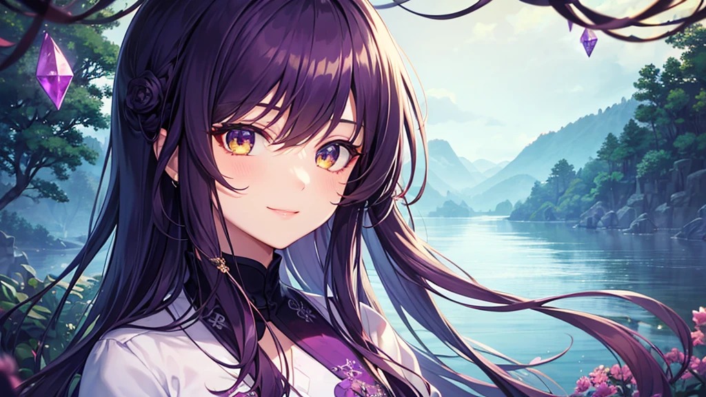 Highest quality, 8k, 4K, High resolution, High Contrast, whole body,1girl,only,Beautiful dark purple hair,(Beautifully detailed face), Yellow clear eyes, beautiful eyes, A gentle expression of love, smile, ２０generation, Wearing an amethyst, Deep purple gemstone, Based on purple, Detailed and beautiful natural scenery, Noble Japanese Clothing