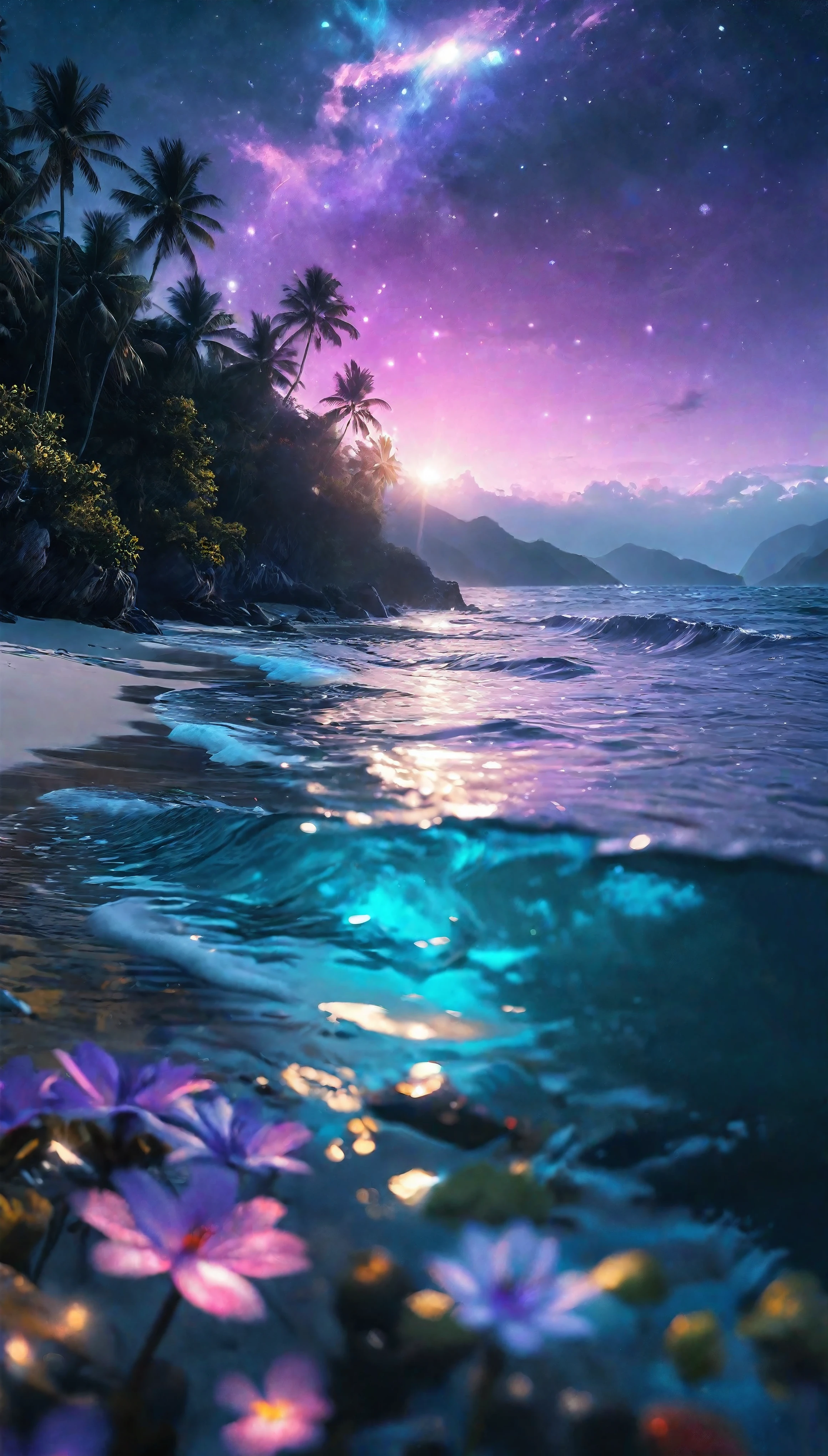 ((Masterpiece in maximum 16K resolution):1.6),((soft_color_photograpy:)1.5), ((Ultra-Detailed):1.4),((Movie-like still images and dynamic angles):1.3). | ((a mysterious island beach during purple moonlight, breathtaking reflection on the water):1.2), ((majestic night, cinematic lighting, dramatic sky, serene ocean, vibrant colors, purple moonlight):1.2), (fish eye lens), (focus on the island), (mysterious haze), (nature photography style), (visual experience),(Realism), (Realistic),award-winning graphics, dark shot, film grain, extremely detailed, Digital Art, rtx, Unreal Engine, scene concept anti glare effect, All captured with sharp focus. | Rendered in ultra-high definition with UHD and retina quality, this masterpiece ensures anatomical correctness and textured skin with super detail. With a focus on high quality and accuracy, this award-winning portrayal captures every nuance in stunning 16k resolution, immersing viewers in its lifelike depiction. | ((perfect_composition, perfect_design, perfect_layout, perfect_detail, ultra_detailed)), ((enhance_all, fix_everything)), More Detail, Enhance.