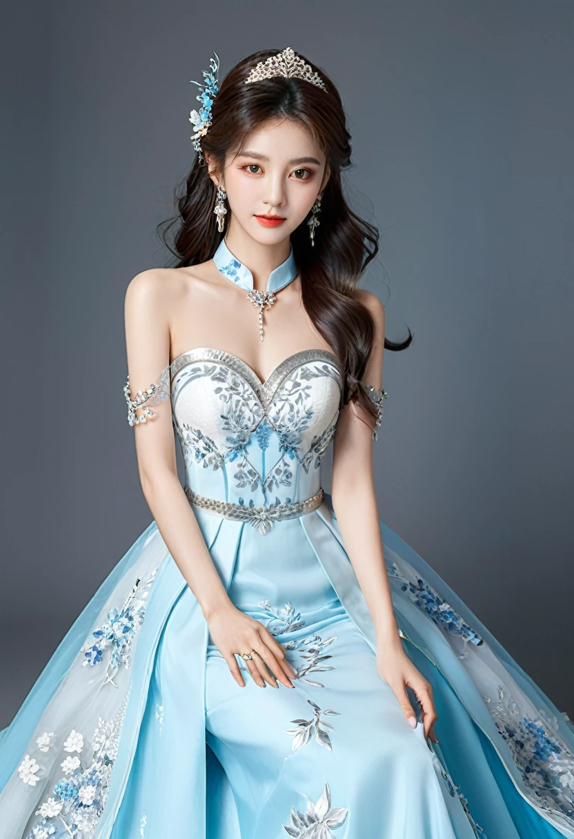 Realistic photo style, whole body 사진에 아름다운 아시아 소녀가 등장합니다., Wearing a unique ethnic style evening gown with delicate skin., bright and lively eyes, Thick eyelashes that look especially attractive. Long dresses are slim and elegant., Eye-catching silver jewelry and alcohol. The high-collar design adds an elegant atmosphere., Color of blue and white porcelain. using light and shadow, The vivid and harmonious appearance of the protagonist is highlighted... whole body, (masterpiece, best quality, professional, perfect composition, very aesthetic, absurd, very detailed, intricate details:1.3)