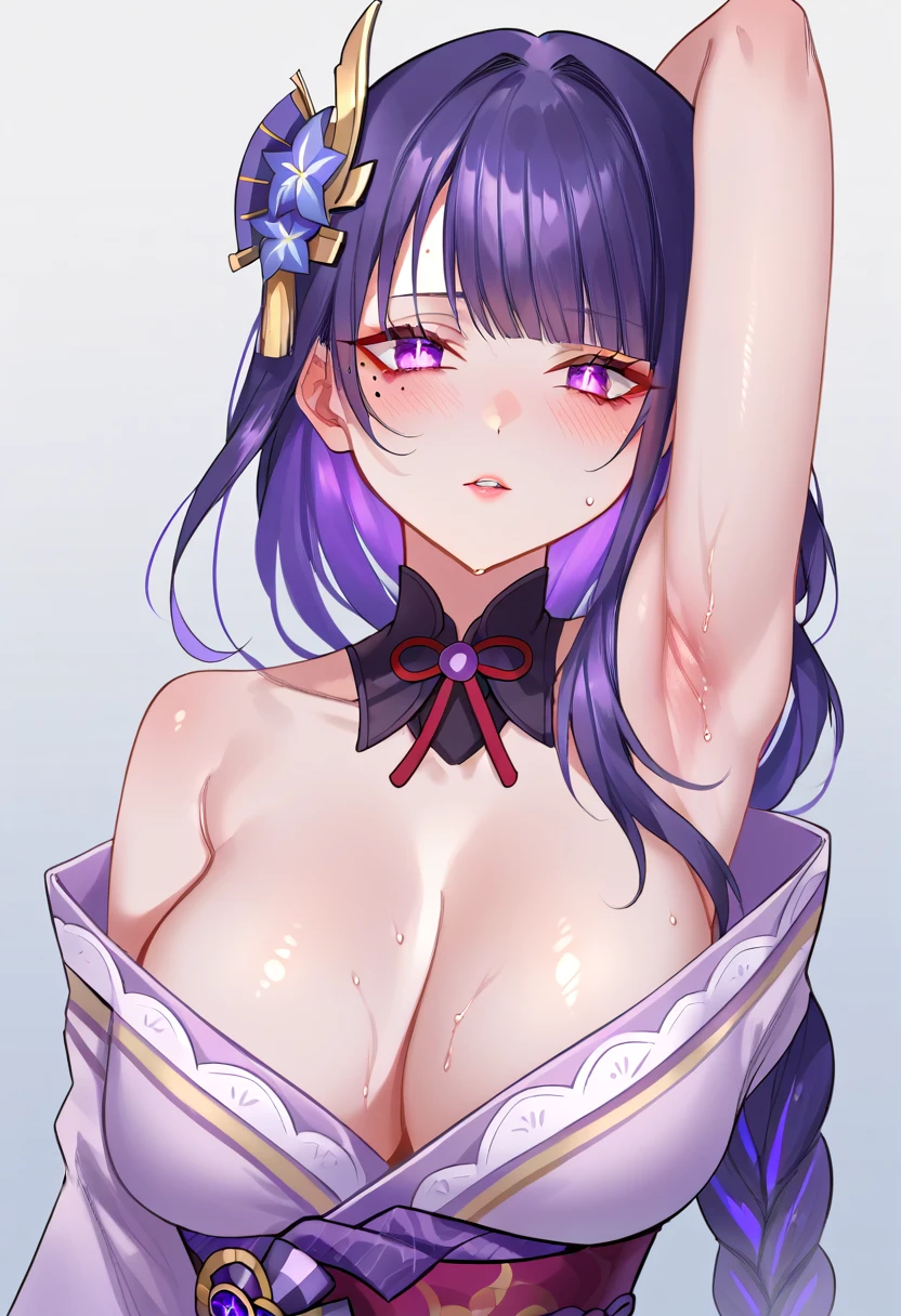 solo, long hair, breasts, looking at viewer, blush, bangs, large breasts, hair ornament, cleavage, purple eyes, upper body, purple hair, parted lips, japanese clothes, kimono, mole, mole under eye, raiden shogun, pottsness style, armpits, arm up, sweat