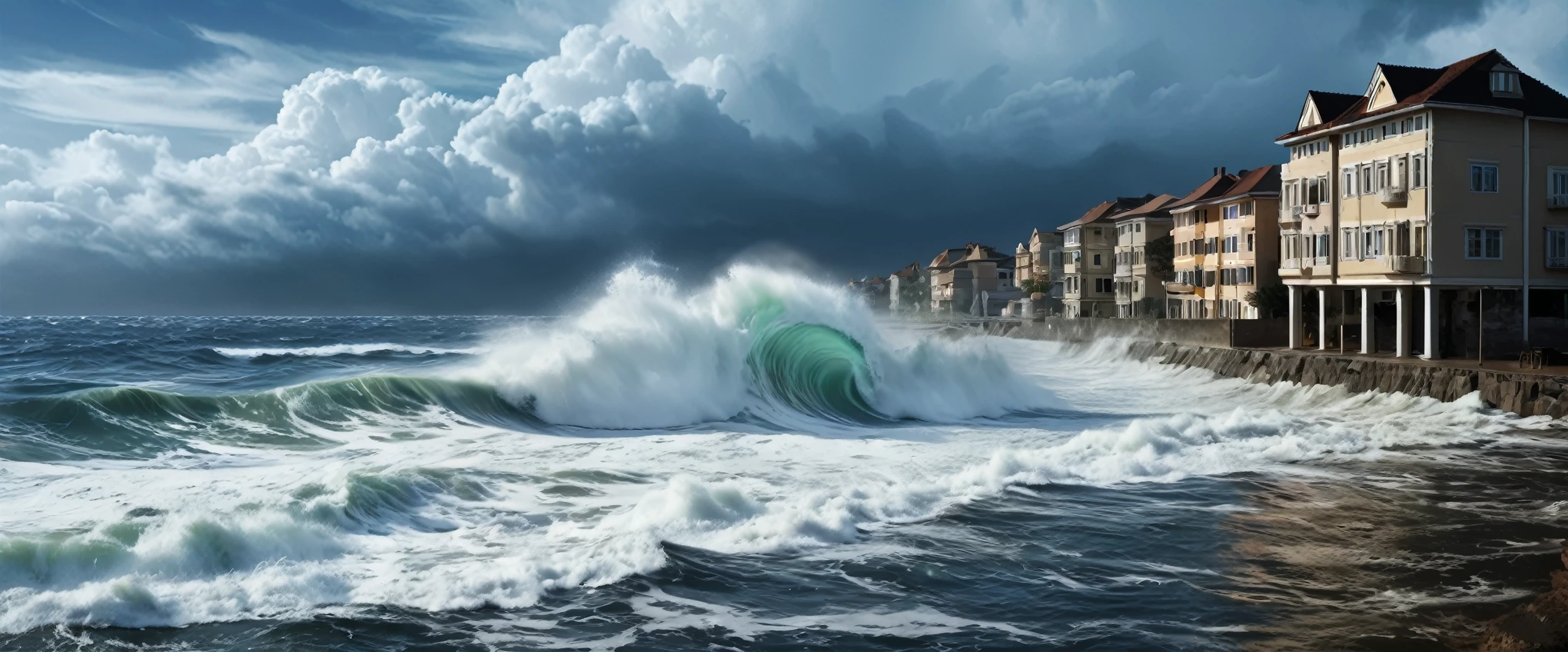 From the depths of the ocean, a tsunami crashes upon a coastal town, a wall of water consuming everything in its path, leaving destruction in its wake, (masterpiece, best quality, Professional, perfect composition, very aesthetic, absurdres, ultra-detailed, intricate details:1.3)