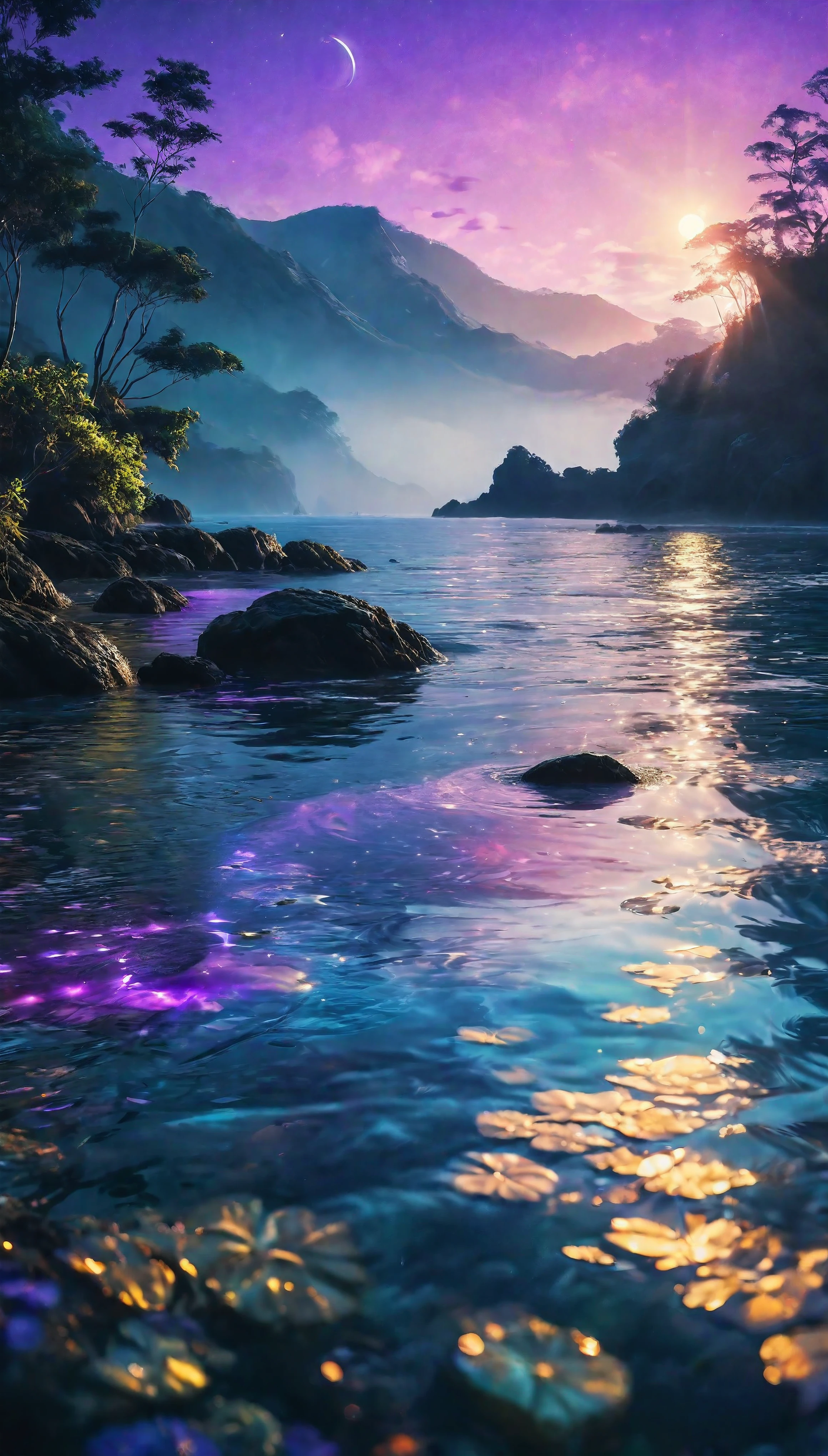 ((Masterpiece in maximum 16K resolution):1.6),((soft_color_photograpy:)1.5), ((Ultra-Detailed):1.4),((Movie-like still images and dynamic angles):1.3). | ((a mysterious island beach during purple moonlight, breathtaking reflection on the water):1.2), ((majestic night, cinematic lighting, dramatic sky, serene ocean, vibrant colors, purple moonlight):1.2), (fish eye lens), (focus on the island), (mysterious haze), (nature photography style), (visual experience),(Realism), (Realistic),award-winning graphics, dark shot, film grain, extremely detailed, Digital Art, rtx, Unreal Engine, scene concept anti glare effect, All captured with sharp focus. | Rendered in ultra-high definition with UHD and retina quality, this masterpiece ensures anatomical correctness and textured skin with super detail. With a focus on high quality and accuracy, this award-winning portrayal captures every nuance in stunning 16k resolution, immersing viewers in its lifelike depiction. | ((perfect_composition, perfect_design, perfect_layout, perfect_detail, ultra_detailed)), ((enhance_all, fix_everything)), More Detail, Enhance.