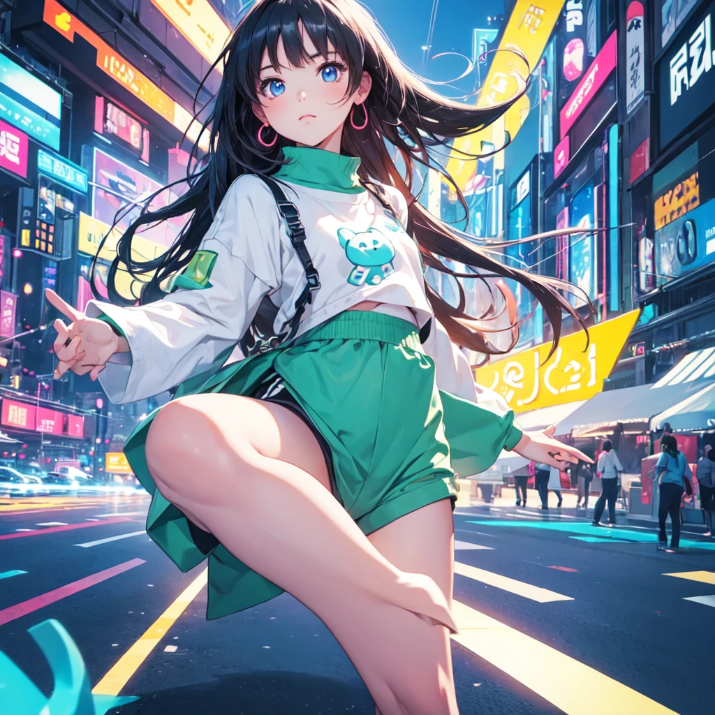 Highest quality, Ultra-high resolution, One girl, 2Head to Body, cute, Wide eyes, Landscape, Chibi character,highlight, Photograph the whole body,Dancing、Trendy clothes、Neon city background
