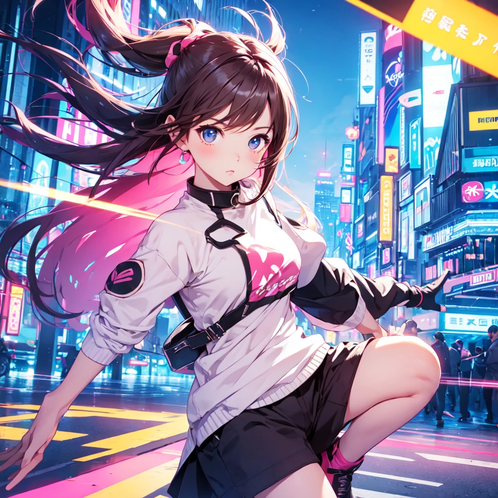 Highest quality, Ultra-high resolution, One girl, 2Head to Body, cute, Wide eyes, Landscape, Chibi character,highlight, Photograph the whole body,Dancing、Trendy clothes、Neon city background