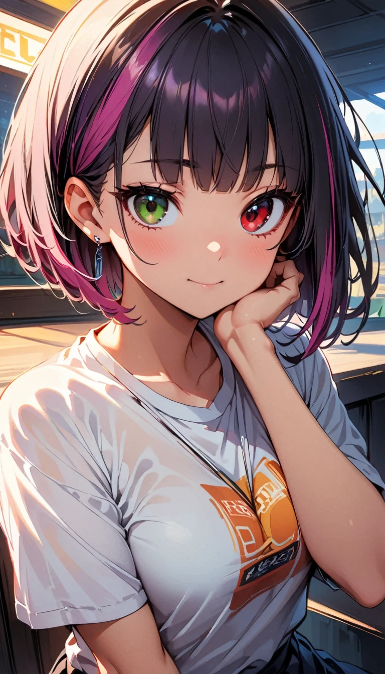 (Ultra-high resolution of the highest quality, masutepiece, Best Quality, 8K, Super Detail, Best Quality:1.3), (Anatomically correct:1.2), (1 girl:1.2), (junior high school student:1.6), (middle breasts:1.2), (drooping eyes:1.3), (blush cheek, blush body:1.3), (short hair:1.2), (black hair:1.2), (horse ear:1.4), (collar:1.3), (printed t-shirt, skirt:1.6), (girl's own room:1.4), front view, Extremely cute, (extremely detailed beautiful face), Authentic skin texture, beautiful hair, beautiful face, beautiful eyes, beautiful body, beautiful hands, (sexual aroused, naughty face, seductive smile, trance, orgasm:1.8), (steam:1.4), (sweat:1.6), (hair over eyes:1.3), (looking up:1.3), (open mouth:1.4), (face focus:1.6), cleavage breasts focus, (from above:1.4), (all fours:1.6)