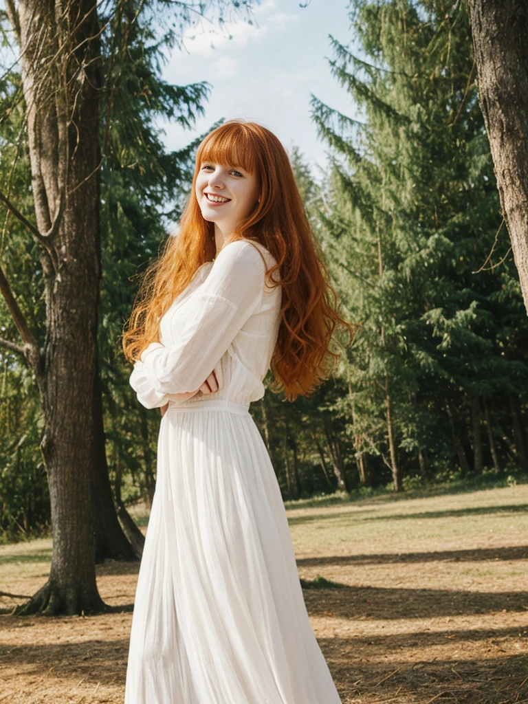 her name is Anna Maria Schmidt, high quality, ((white pale skin)), 1girl, ((20-year-old fit Caucasian woman)), ((20 years old)), ((fit)), ((ginger hair with bangs)), pose: standing, wearing stylish maxi dress, BACKGROUND: trees for a fresh and vibrant look, ugly smiling, standing, loose waves