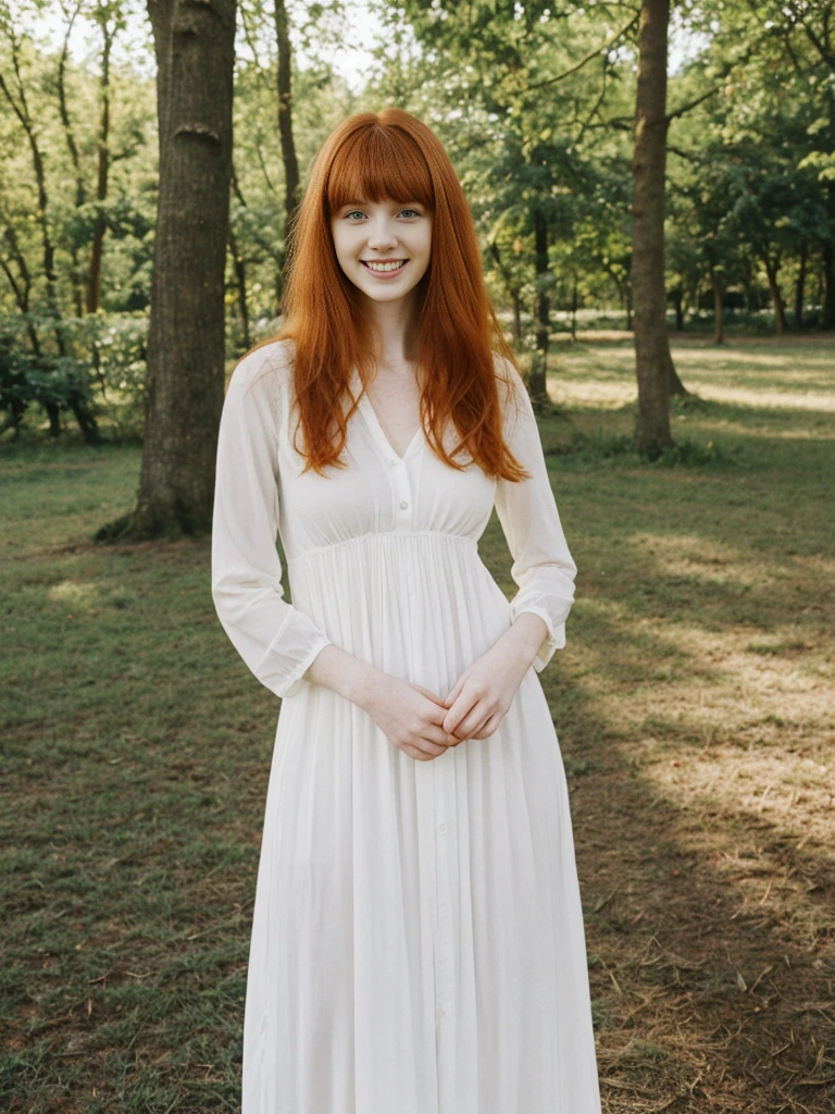 her name is Anna Maria Schmidt, high quality, ((white pale skin)), 1girl, ((20-year-old fit Caucasian woman)), ((20 years old)), ((fit)), ((ginger hair with bangs)), pose: standing, wearing stylish maxi dress, BACKGROUND: trees for a fresh and vibrant look, ugly smiling, standing, loose waves