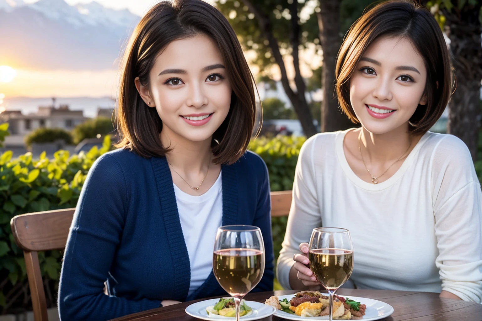 (Realistic:1.1),(masterpiece,Highest quality),8k,(40 years old), 42 years old, slimカップル、Model Couple、Actress/Actor、Tight waist,Upper Body,full-course dinner、wine 、Amazing view of the sunset sky and clouds、Perfect Anatomy, Brown Hair, Short Hair,Random Hairstyles,((Highly detailed face and eyes:1.2))(cute顔:1.4),Beautiful actress face,Perfect golden ratio face,Long sleeve shirt、dress,(smile:1.2)、Shortcuts、cute、(Realistic, Intricate details:1.2), A bright smile、short hair,Bright Face、赤wine 、Appetizers、Italian food、wine bottle、Champagne、スパークリングwine、(slimな顔), (The body is slim), (Brown Hair), (Shortcuts), Upper Body, 白wine, slim, wineグラス,